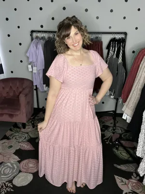Dusty Pink Eyelet Lace Tiered Maxi
