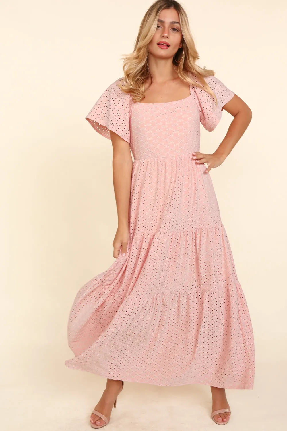 Dusty Pink Eyelet Lace Tiered Maxi