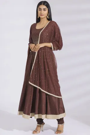 Embellished Chanderi Silk Anarkali Set in Brown