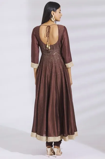 Embellished Chanderi Silk Anarkali Set in Brown