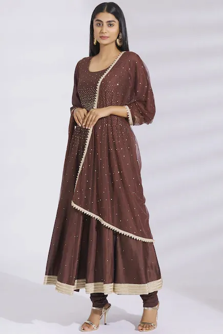 Embellished Chanderi Silk Anarkali Set in Brown