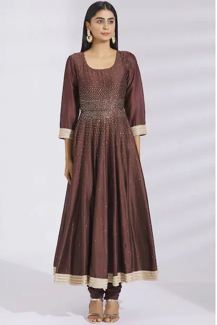 Embellished Chanderi Silk Anarkali Set in Brown