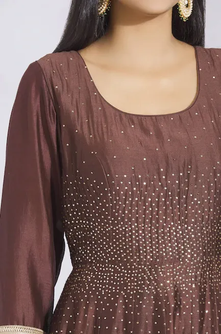 Embellished Chanderi Silk Anarkali Set in Brown
