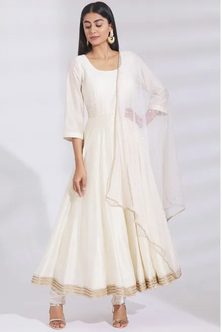 Embellished Chanderi Silk Anarkali Set in Off-White