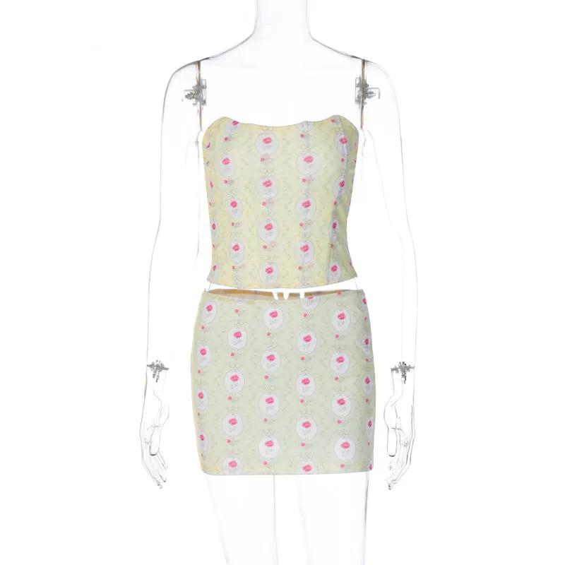 European And American-Style2023Summer New Women's Fashion Printed Chest-Wrapped Vest Slim-Fit Sheath Skirt Two-Piece Set