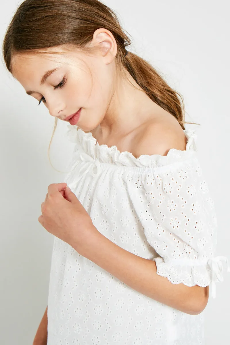 Eyelet Off-Shoulder Ruffle Trim Top