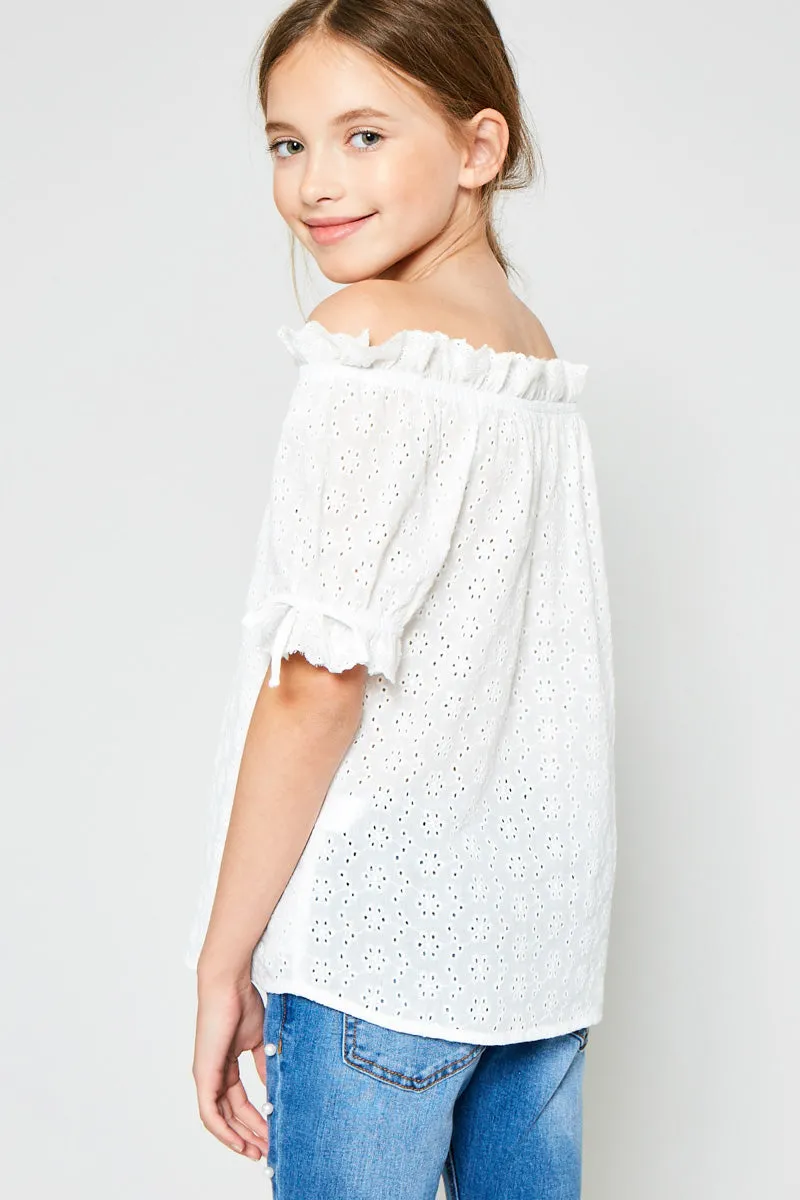 Eyelet Off-Shoulder Ruffle Trim Top