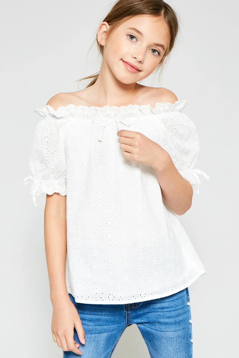 Eyelet Off-Shoulder Ruffle Trim Top