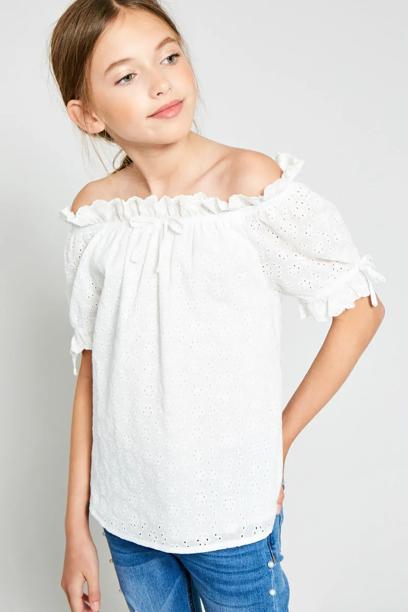 Eyelet Off-Shoulder Ruffle Trim Top