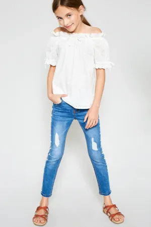 Eyelet Off-Shoulder Ruffle Trim Top