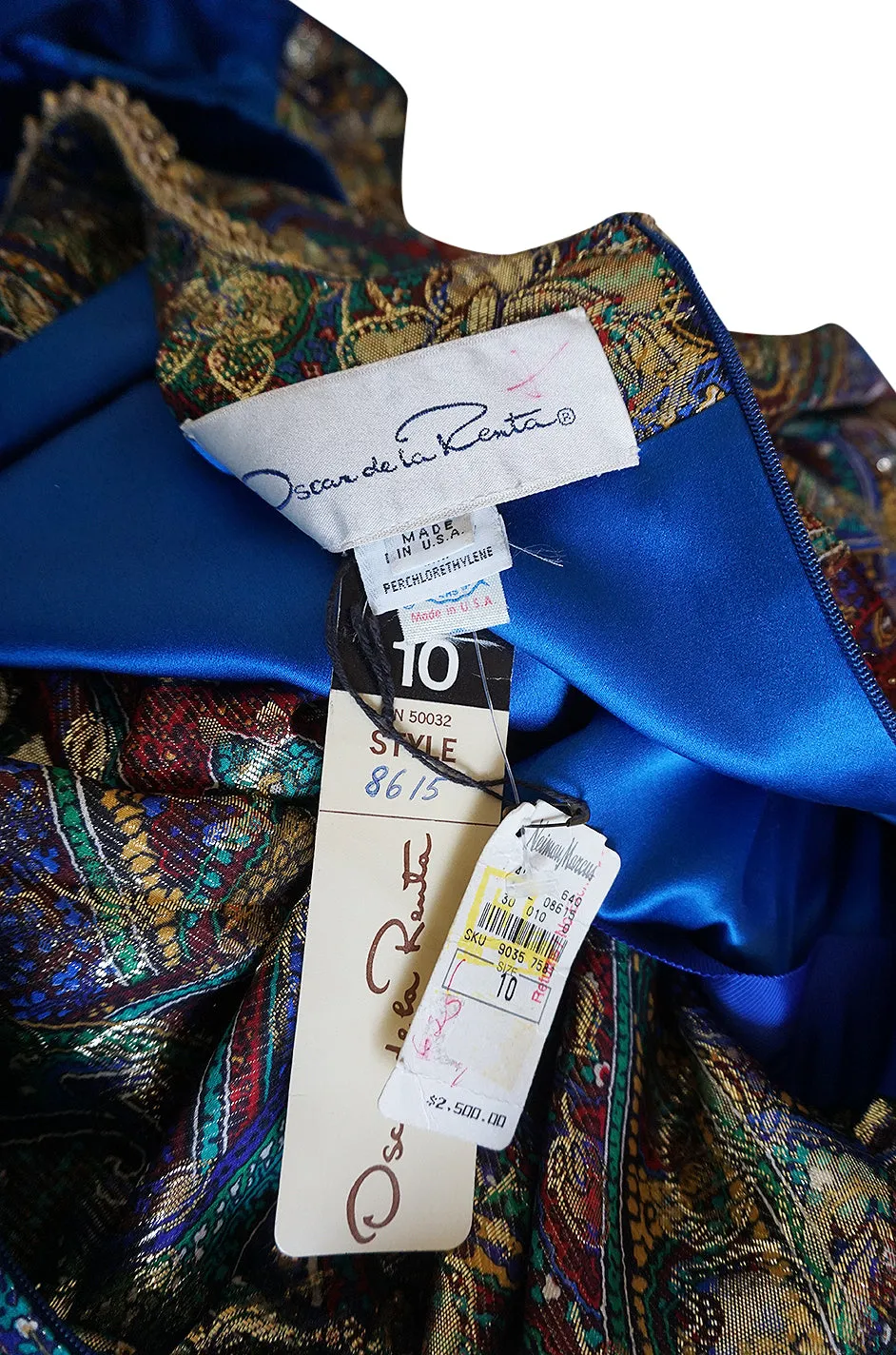 Fall 1990 Oscar de la Renta Printed Metallic Silk Dress w Brass Bell Edging