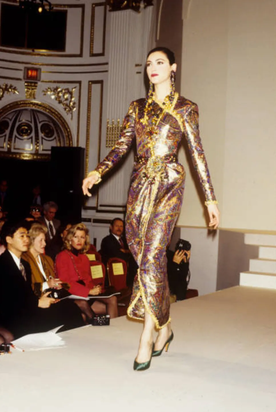 Fall 1990 Oscar de la Renta Printed Metallic Silk Dress w Brass Bell Edging