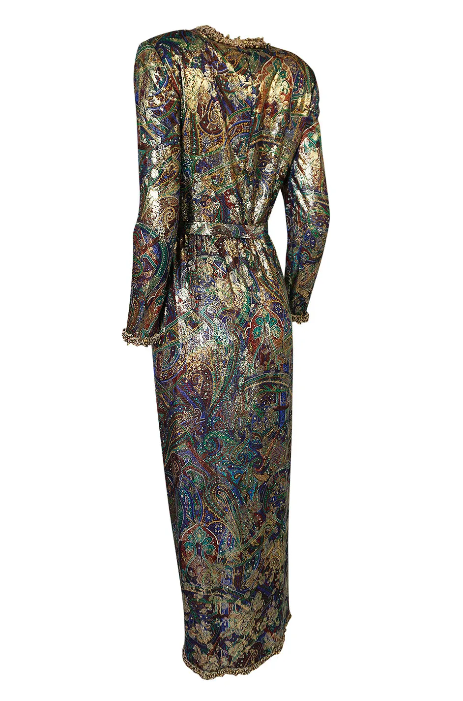 Fall 1990 Oscar de la Renta Printed Metallic Silk Dress w Brass Bell Edging