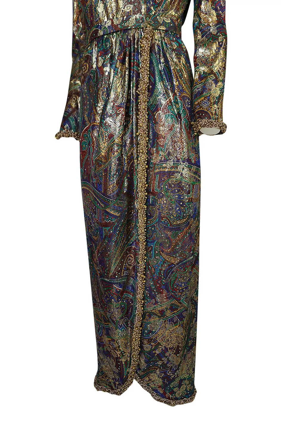 Fall 1990 Oscar de la Renta Printed Metallic Silk Dress w Brass Bell Edging