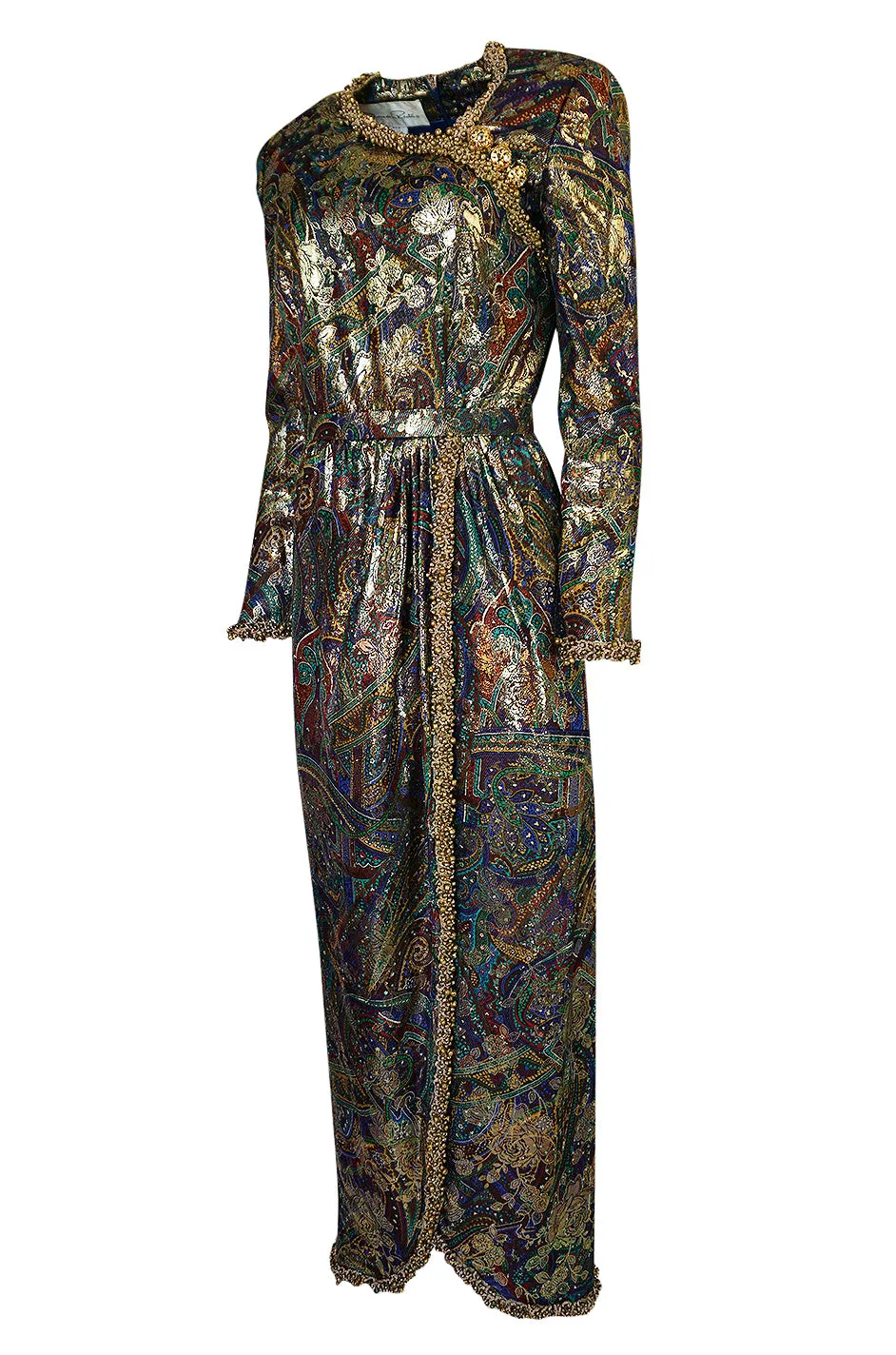 Fall 1990 Oscar de la Renta Printed Metallic Silk Dress w Brass Bell Edging