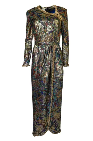 Fall 1990 Oscar de la Renta Printed Metallic Silk Dress w Brass Bell Edging