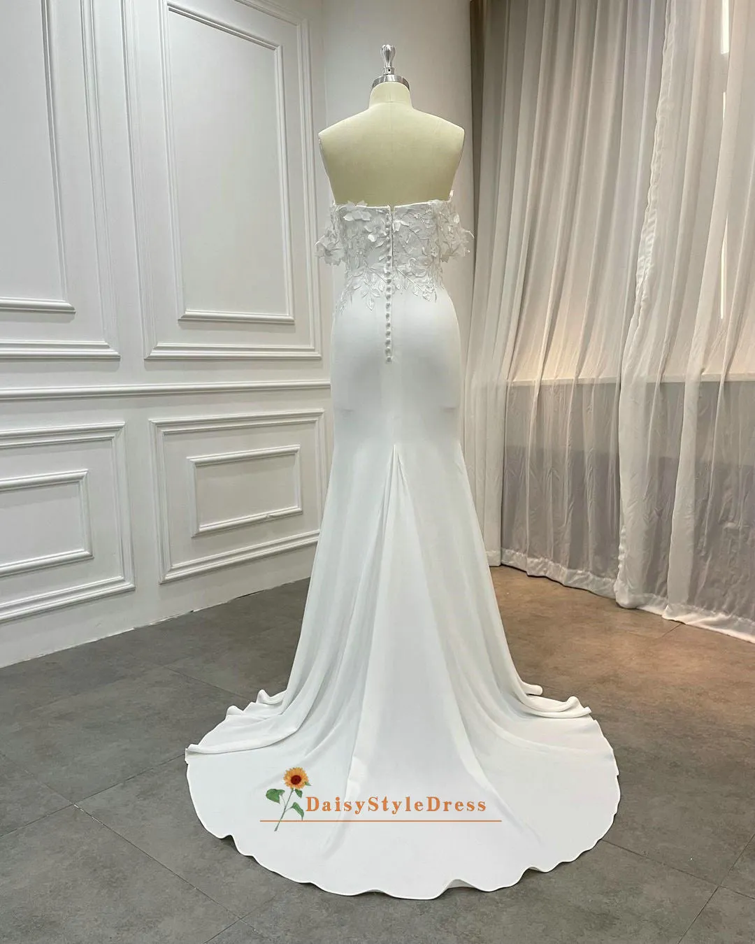 Fit and Flare Off Shoulder Sleeve Wedding Dress