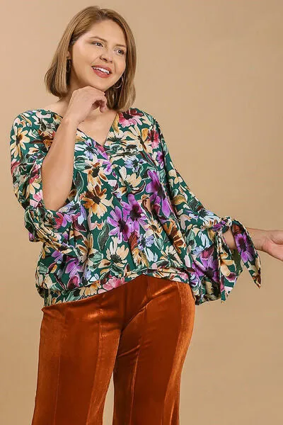Floral by Design V-Neck Tie Sleeve Top