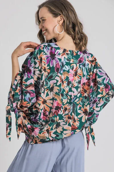 Floral by Design V-Neck Tie Sleeve Top