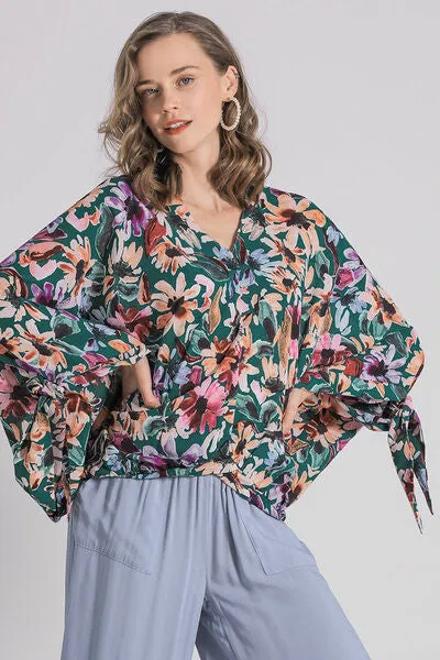 Floral by Design V-Neck Tie Sleeve Top