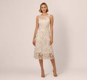 Floral Embroidery Illusion Midi Dress In Ivory Gold