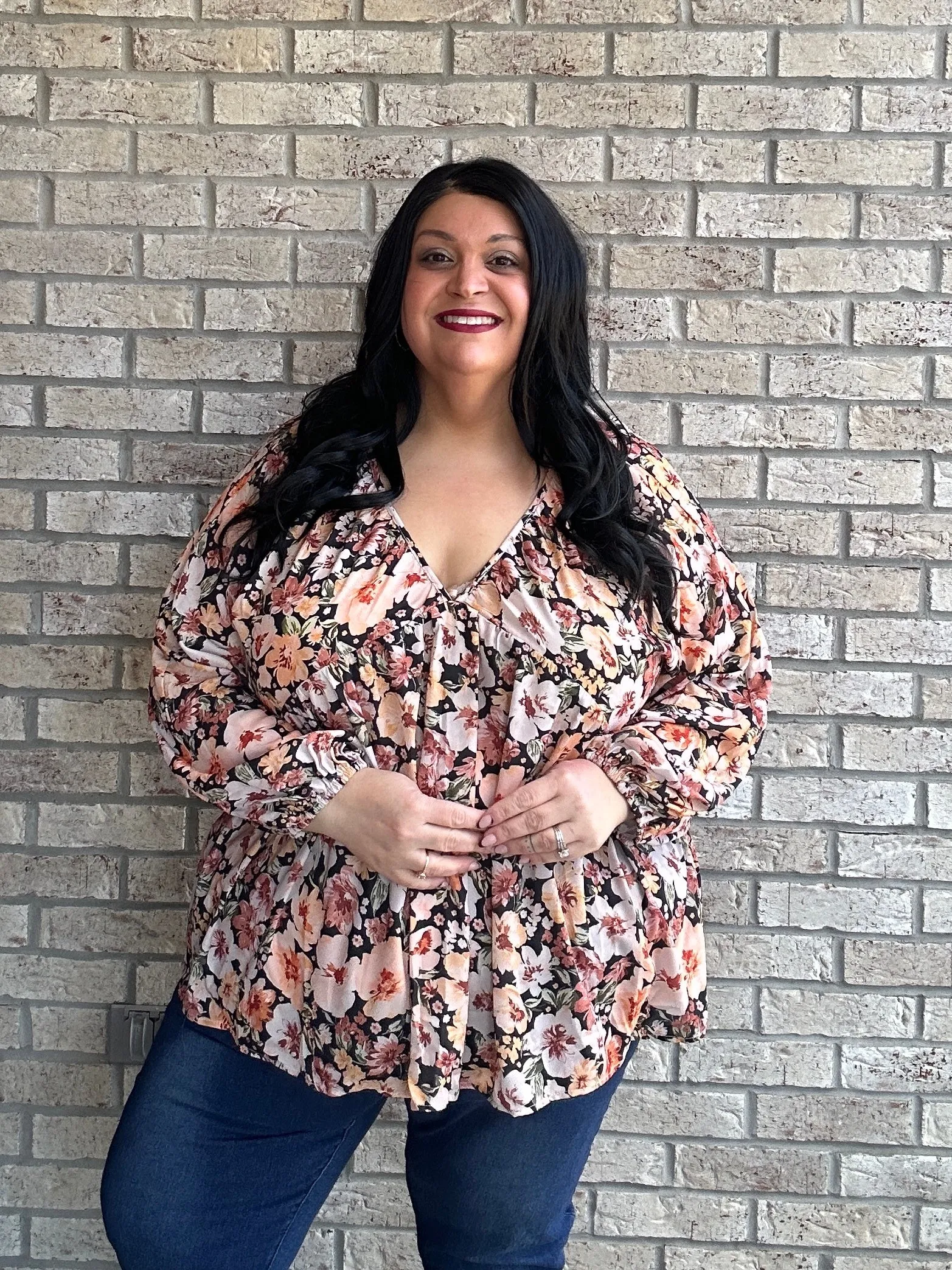 Floral V-Neck Balloon Sleeve Blouse