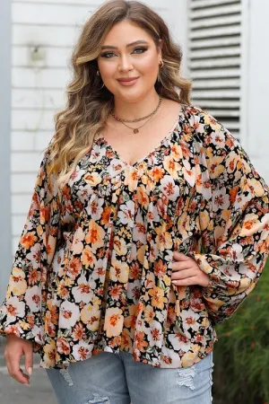 Floral V-Neck Balloon Sleeve Blouse