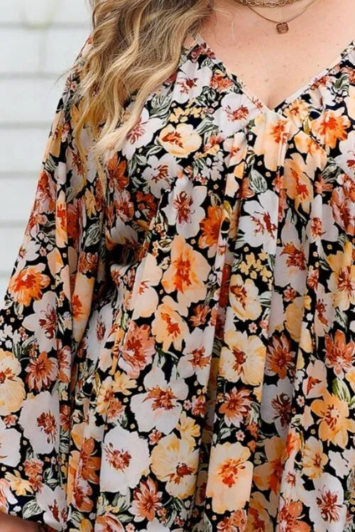 Floral V-Neck Balloon Sleeve Blouse