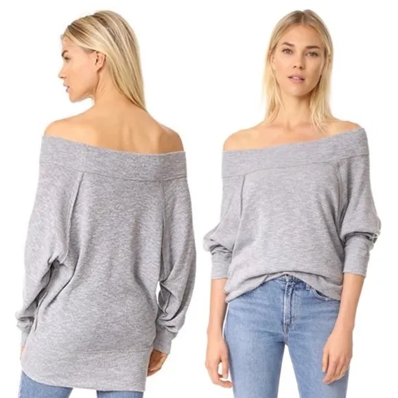 Free People We The Free Stone Grey Palisades Off Shoulder Thermal Sweater