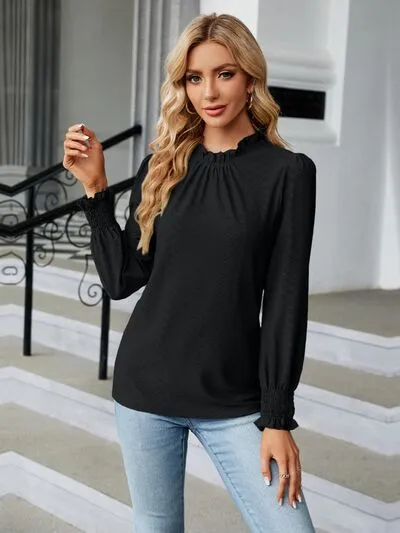 Frill Mock Neck Lantern Sleeve Blouse