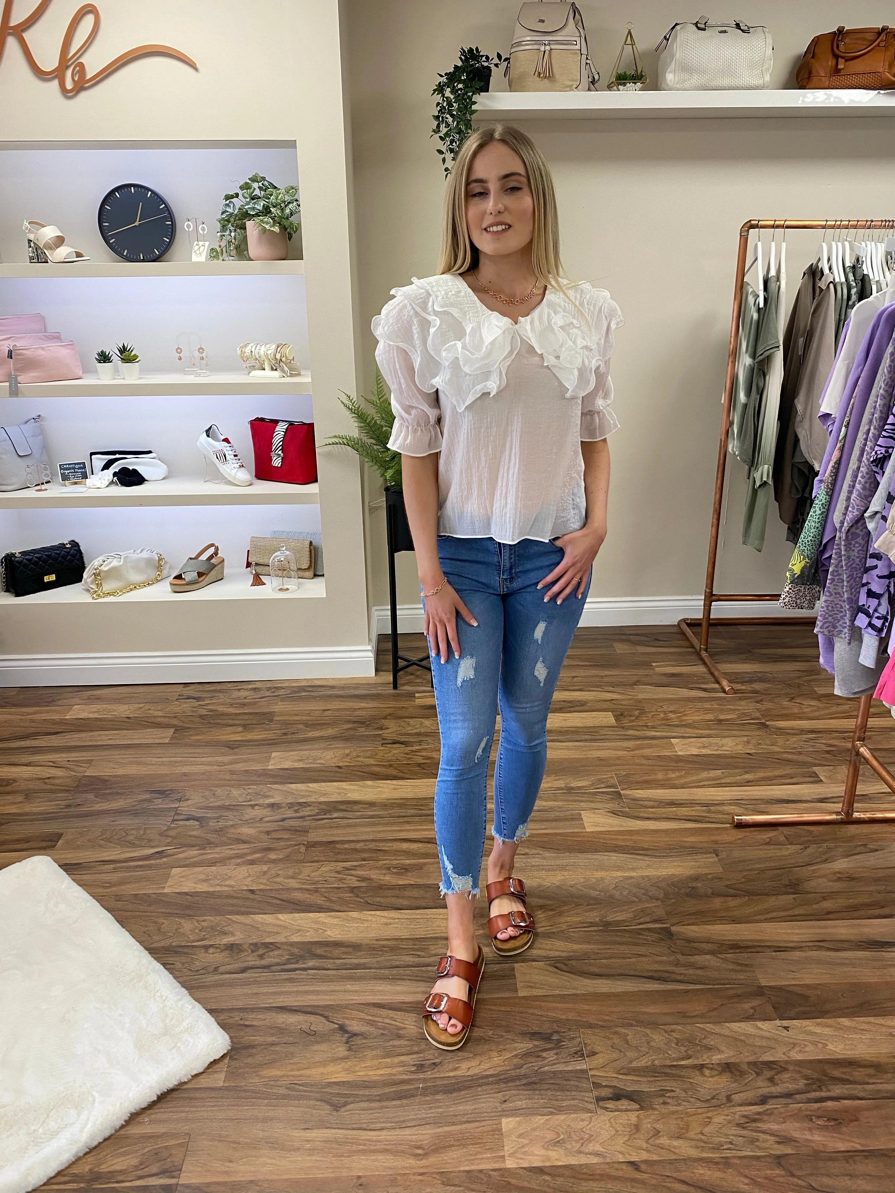 Frill Neck & Shoulder White Blouse Top