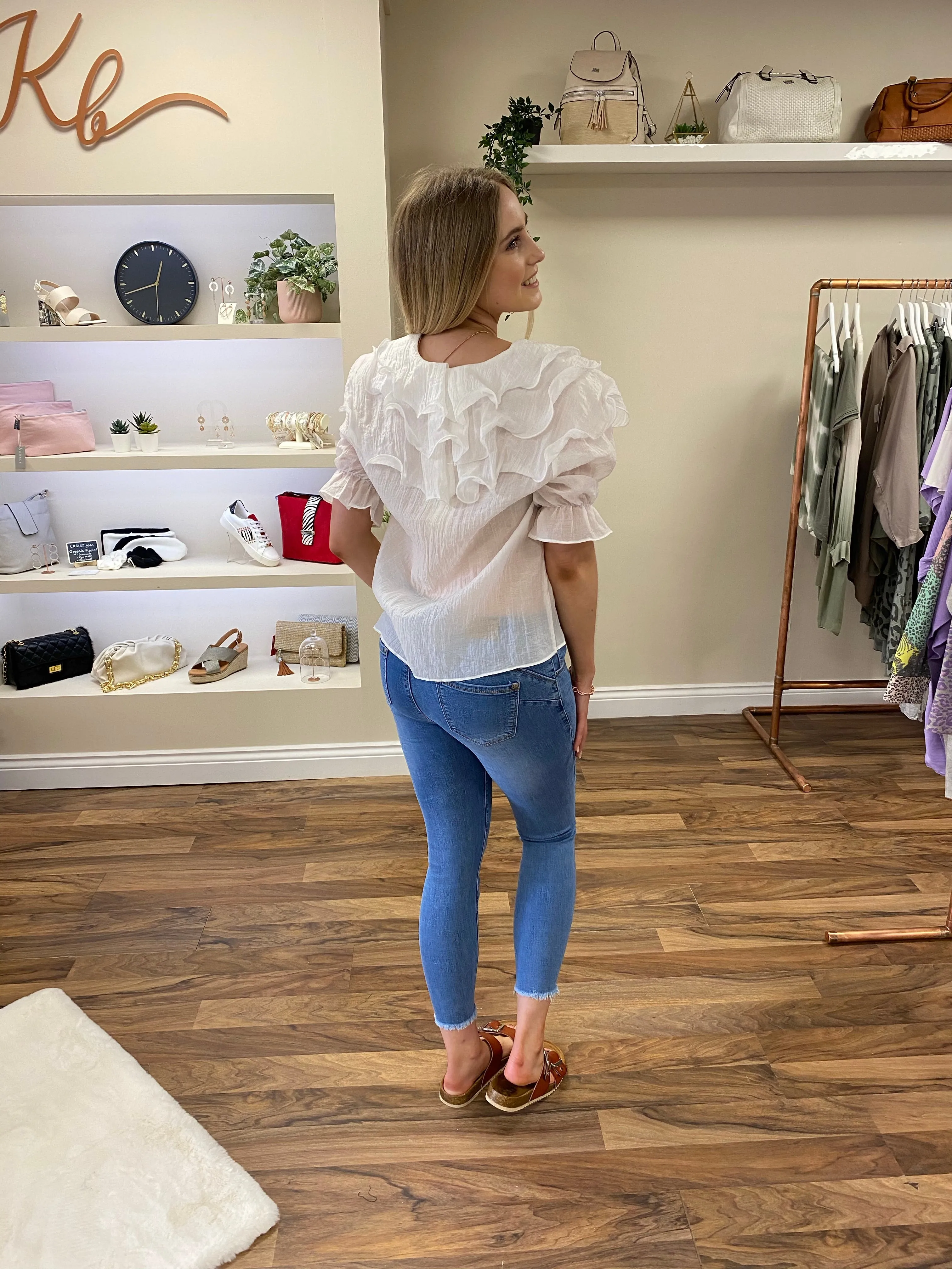 Frill Neck & Shoulder White Blouse Top