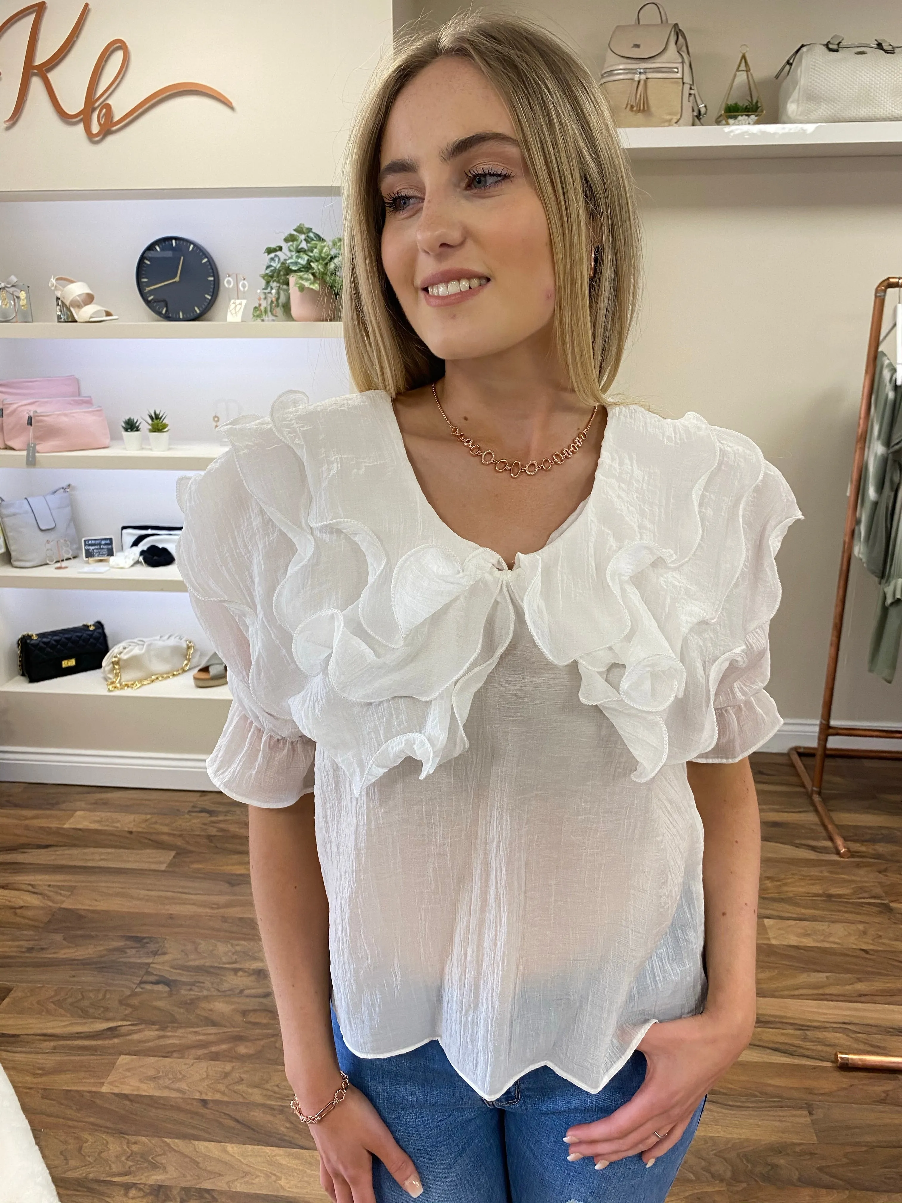 Frill Neck & Shoulder White Blouse Top