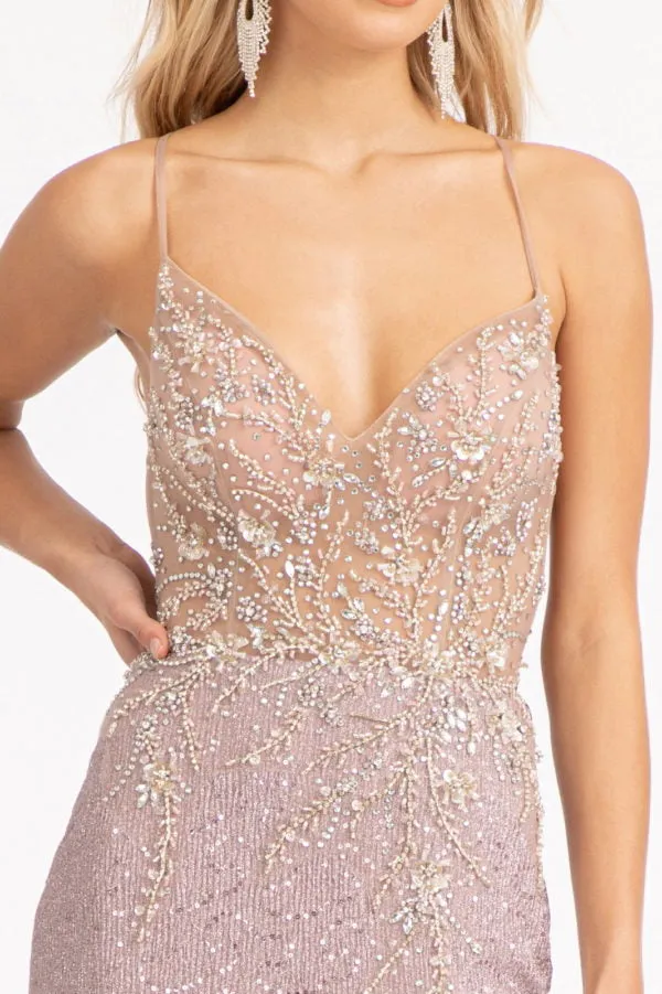 GL 3006 - Bead Embellished Sequin Fit & Flare Prom Gown with Sheer V-Neck Bodice Leg Slit & Open Corset Back