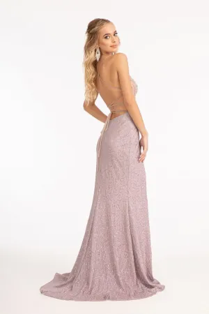 GL 3006 - Bead Embellished Sequin Fit & Flare Prom Gown with Sheer V-Neck Bodice Leg Slit & Open Corset Back