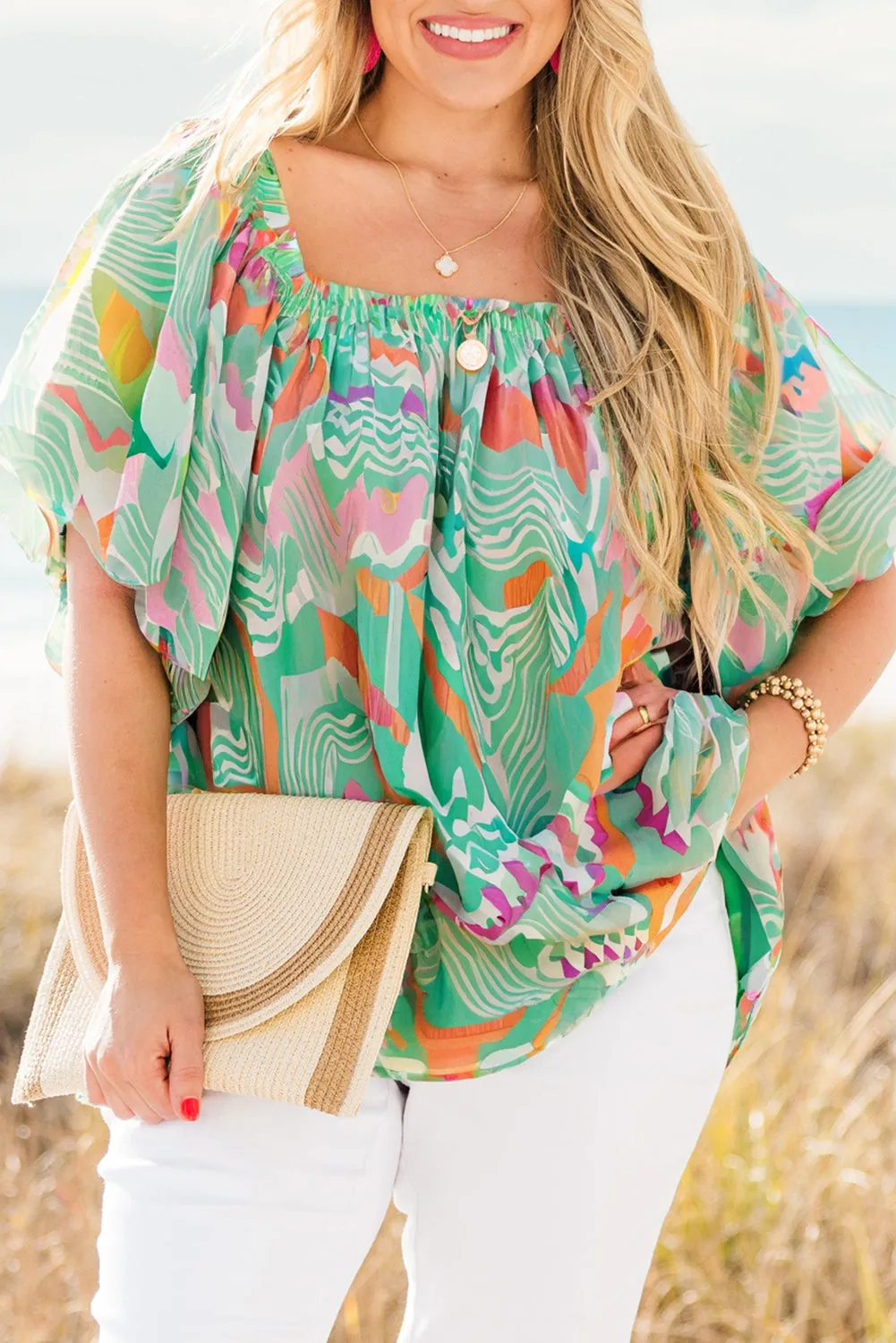 Green Plus Size Printed Flowy Short Sleeve Square Neck Blouse