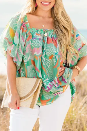 Green Plus Size Printed Flowy Short Sleeve Square Neck Blouse