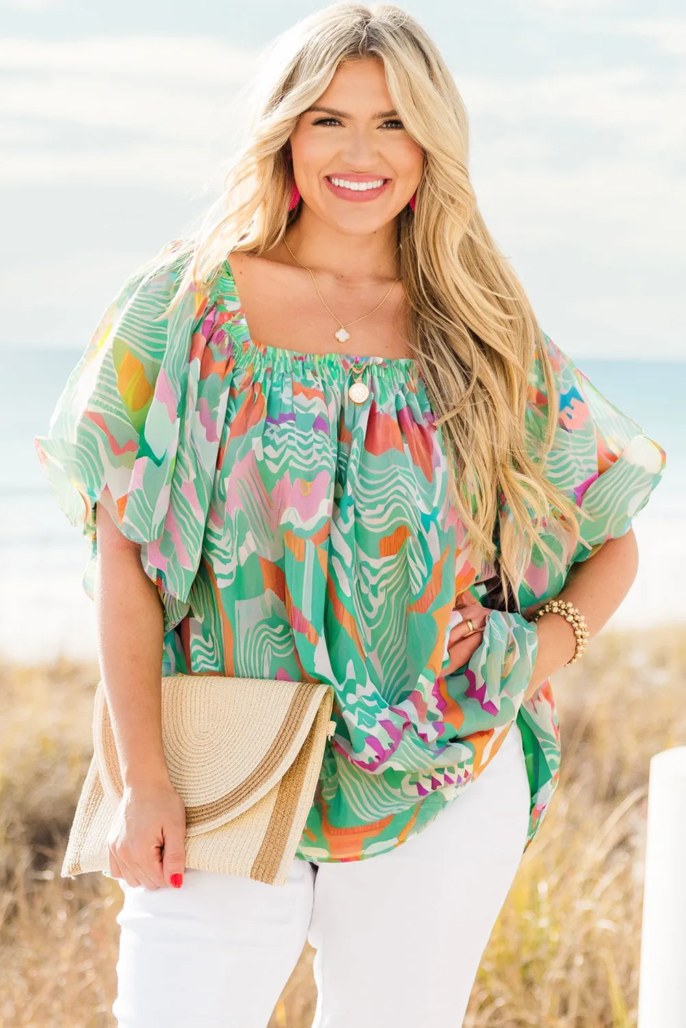 Green Plus Size Printed Flowy Short Sleeve Square Neck Blouse