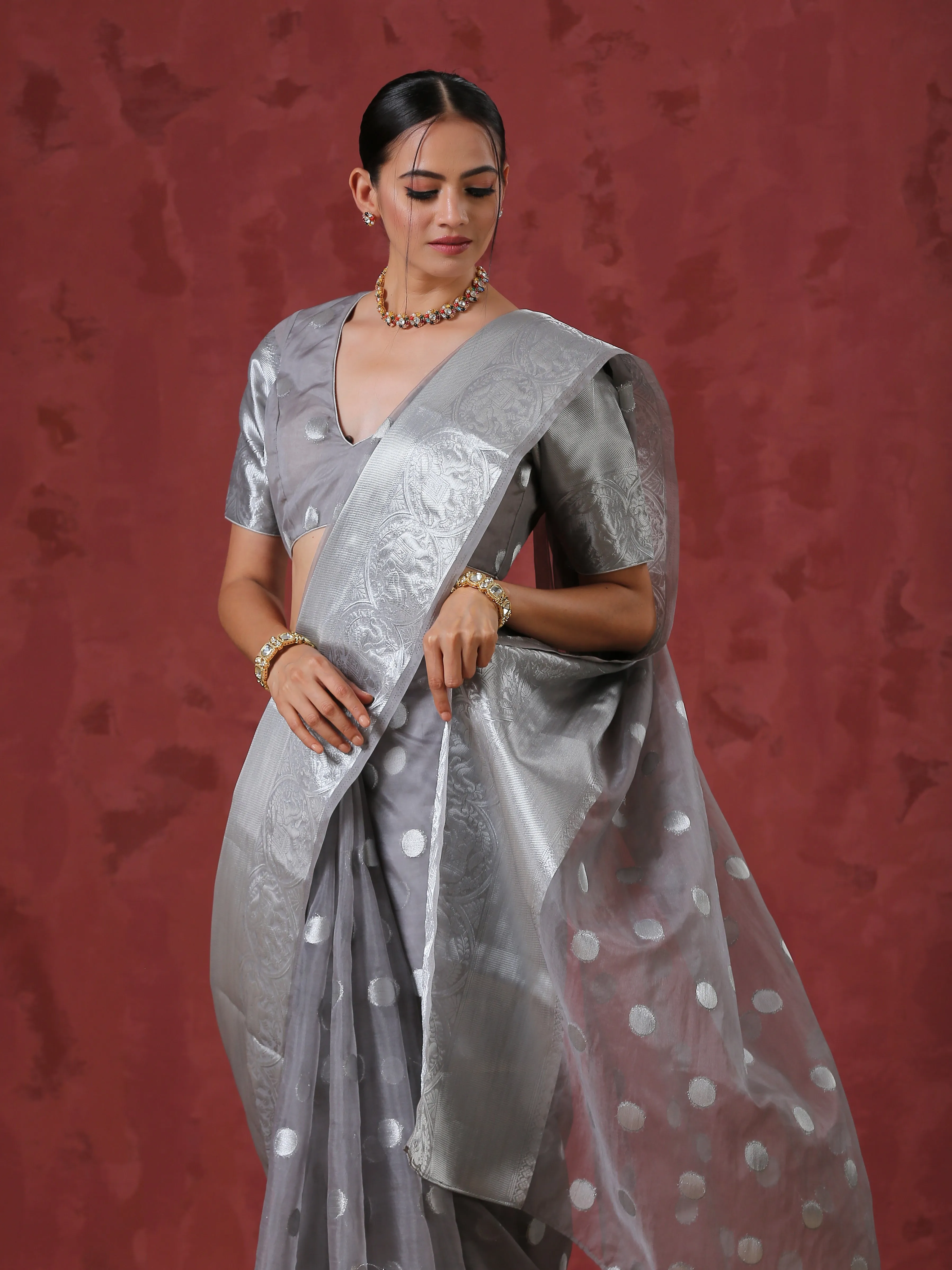 Grey Dot Organza Blouse with Border on Sleeves