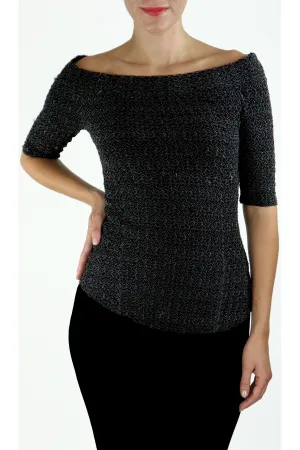 GWYNETH Puckered Off-Shoulder Elbow Length Sleeve Top Black w Graphite