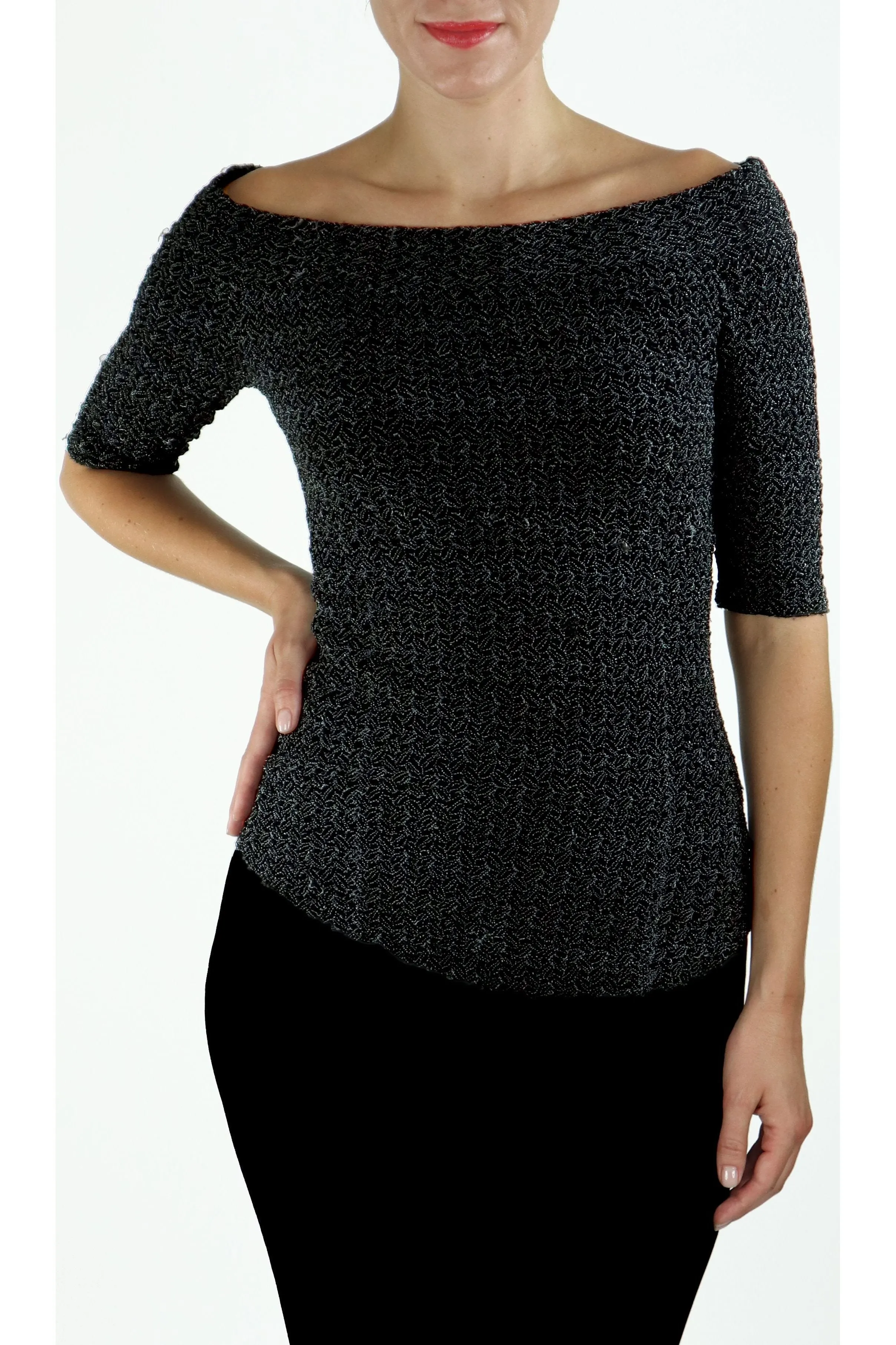 GWYNETH Puckered Off-Shoulder Elbow Length Sleeve Top Black w Graphite