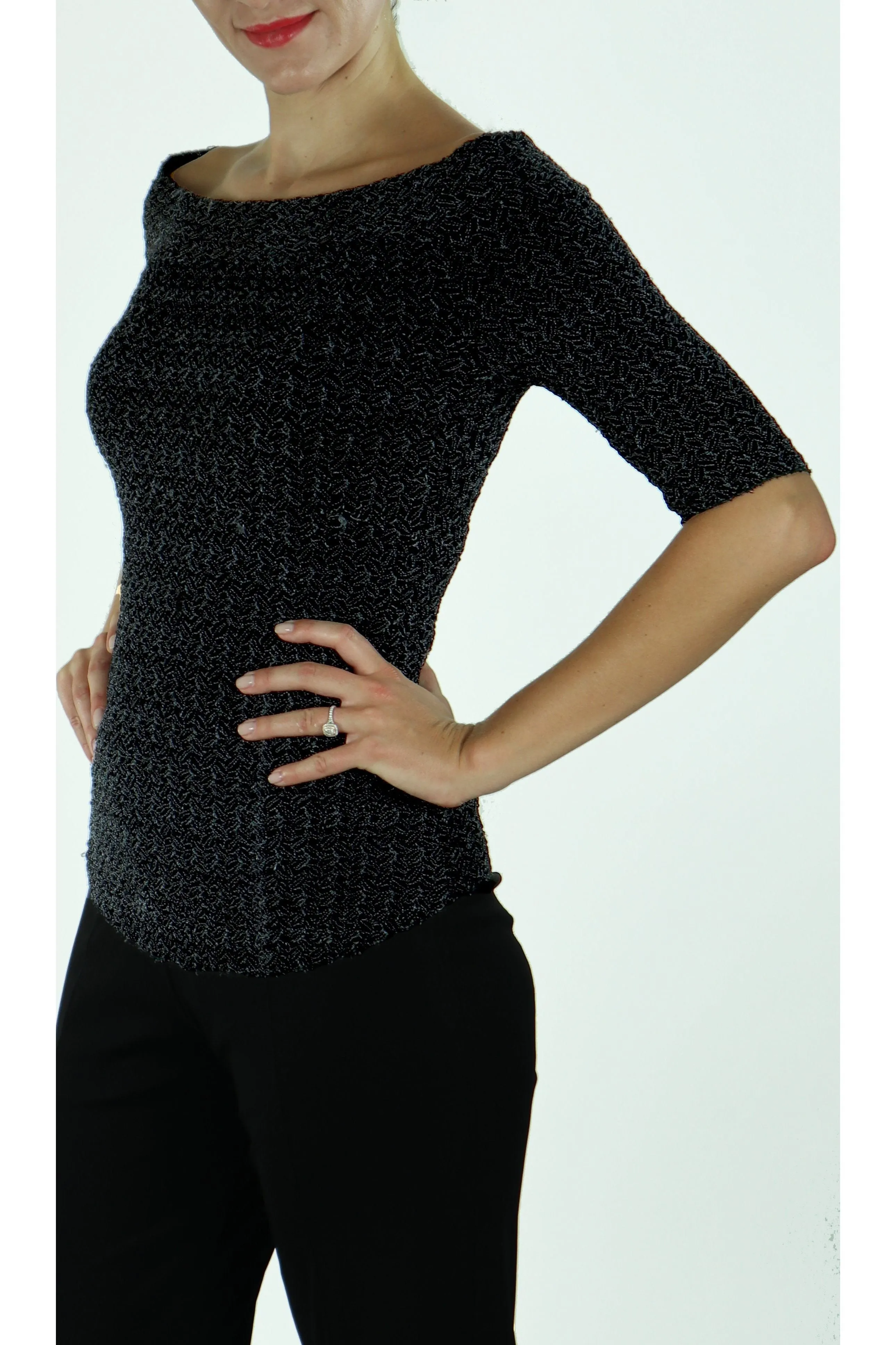 GWYNETH Puckered Off-Shoulder Elbow Length Sleeve Top Black w Graphite