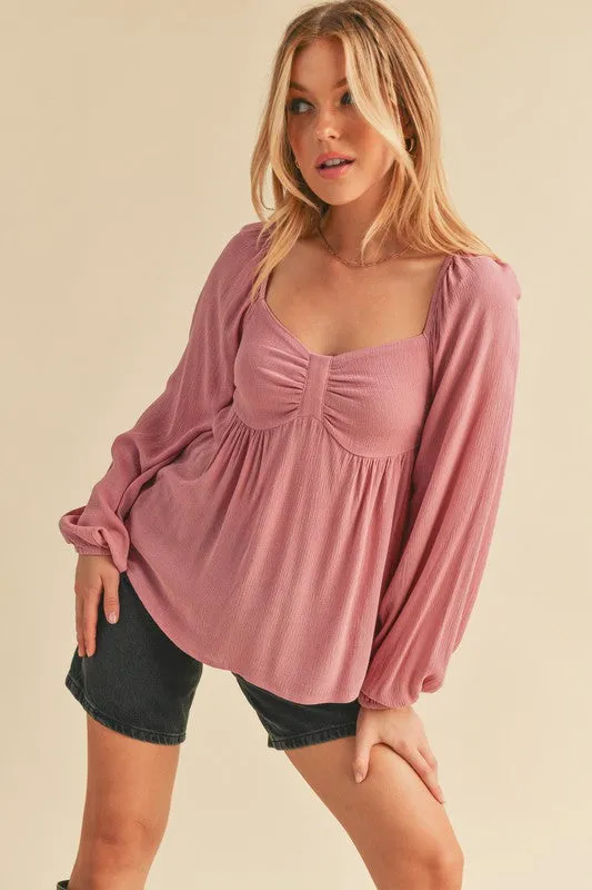 Hazel Blues® |  Aemi   Co Ruched Sweetheart Neck Balloon Sleeve Blouse
