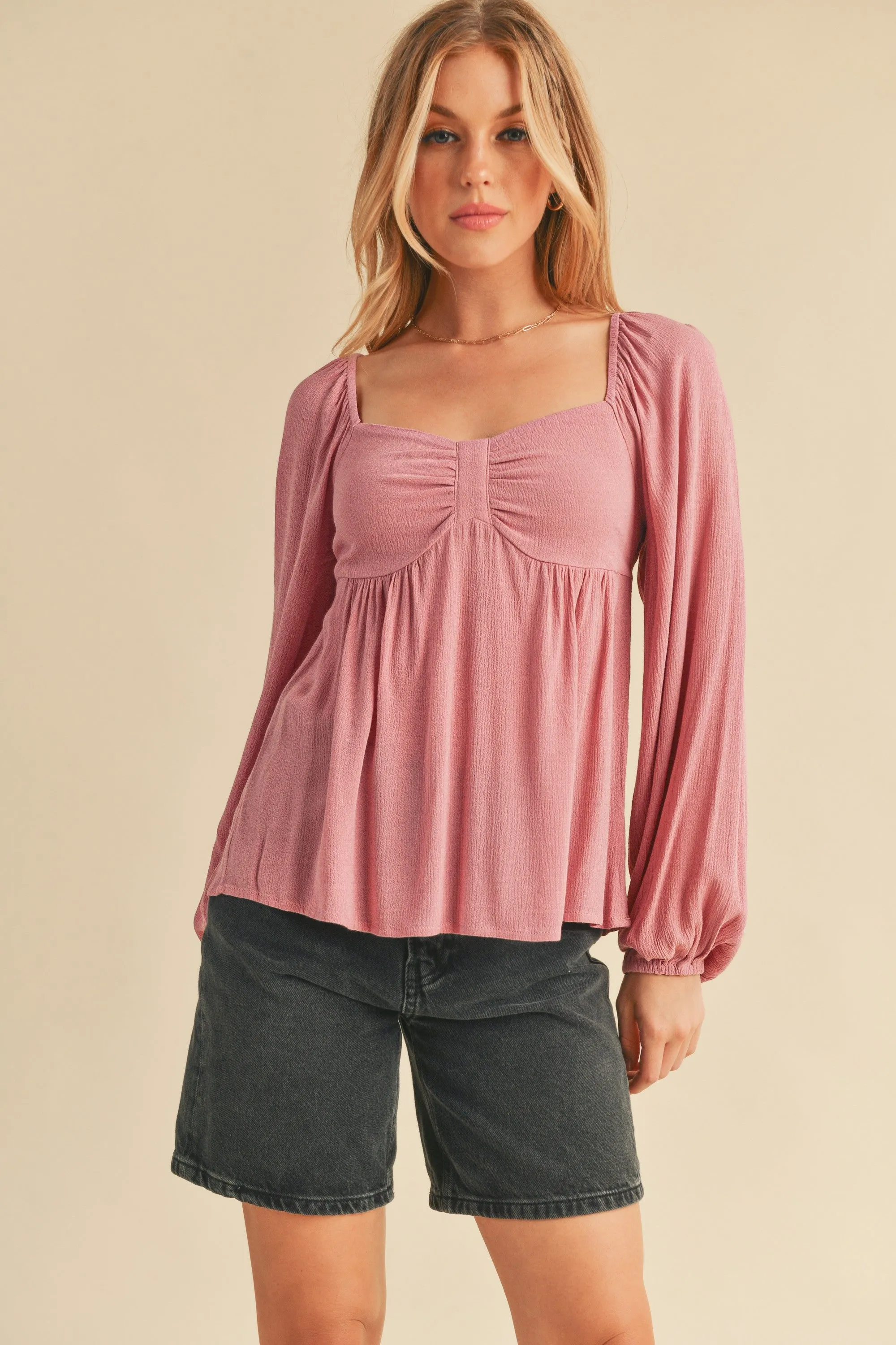 Hazel Blues® |  Aemi   Co Ruched Sweetheart Neck Balloon Sleeve Blouse