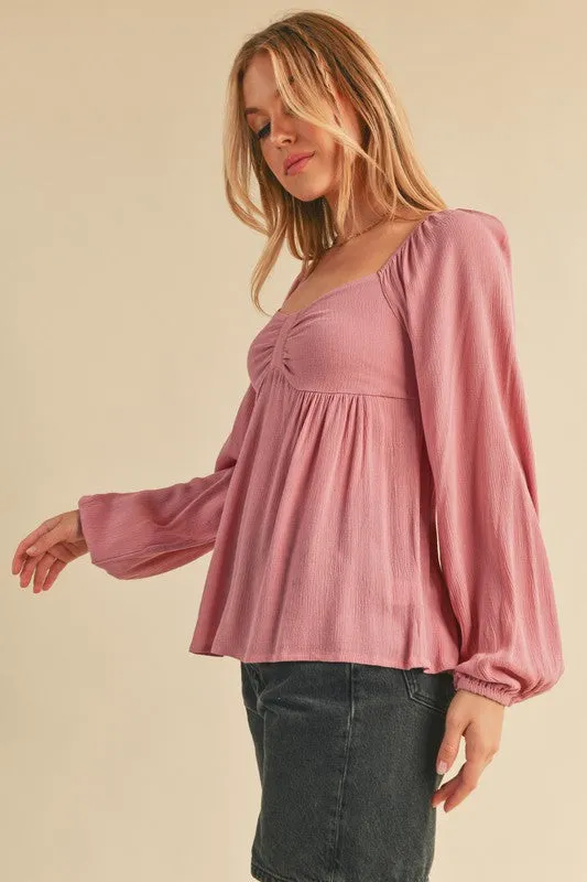 Hazel Blues® |  Aemi   Co Ruched Sweetheart Neck Balloon Sleeve Blouse