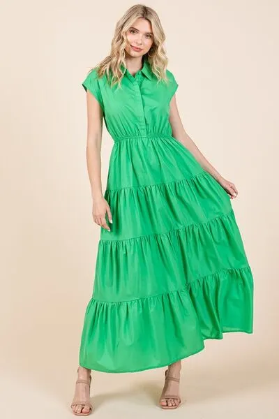 Hazel Blues® |  Mittoshop Button Up Collared Tiered Maxi Shirt Dress