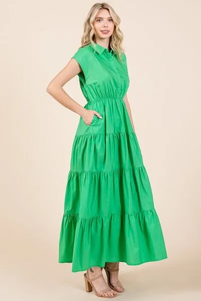 Hazel Blues® |  Mittoshop Button Up Collared Tiered Maxi Shirt Dress