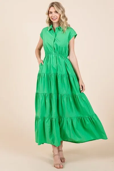 Hazel Blues® |  Mittoshop Button Up Collared Tiered Maxi Shirt Dress
