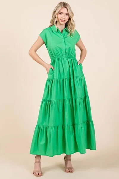 Hazel Blues® |  Mittoshop Button Up Collared Tiered Maxi Shirt Dress
