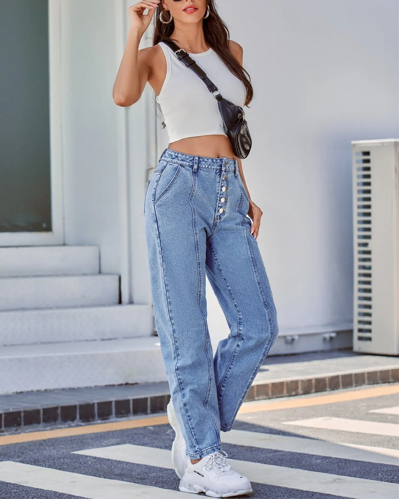 High Rise Buttoned Straight Denim Pant